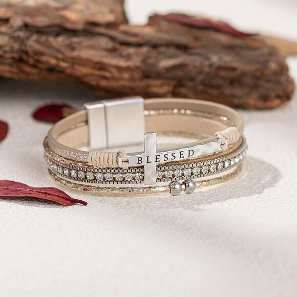 Cross Leather Bracelet Faux Leather Magnetic Clasp Religious Jewelry Women - Picture 5 of 6